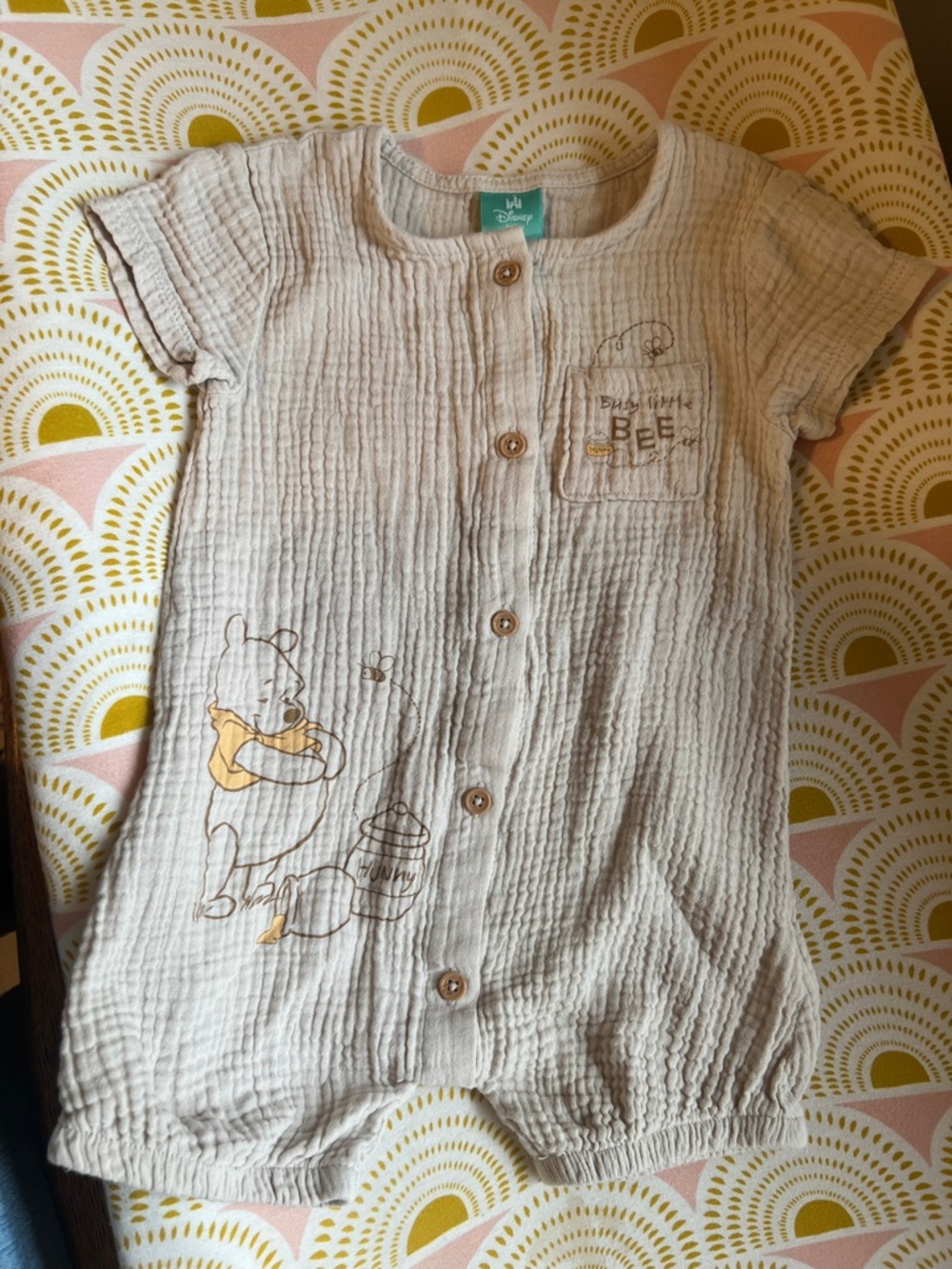 Disney Beige Winnie the Pooh Short Sleeve Button Romper